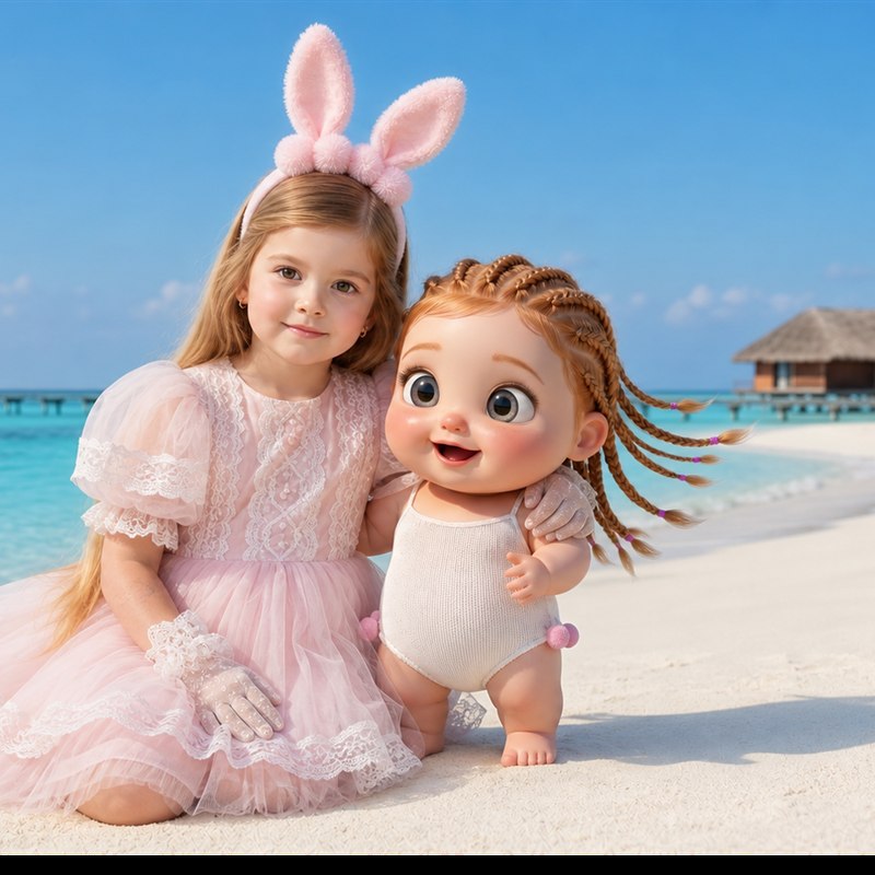 Milasha with her big sister on the beach