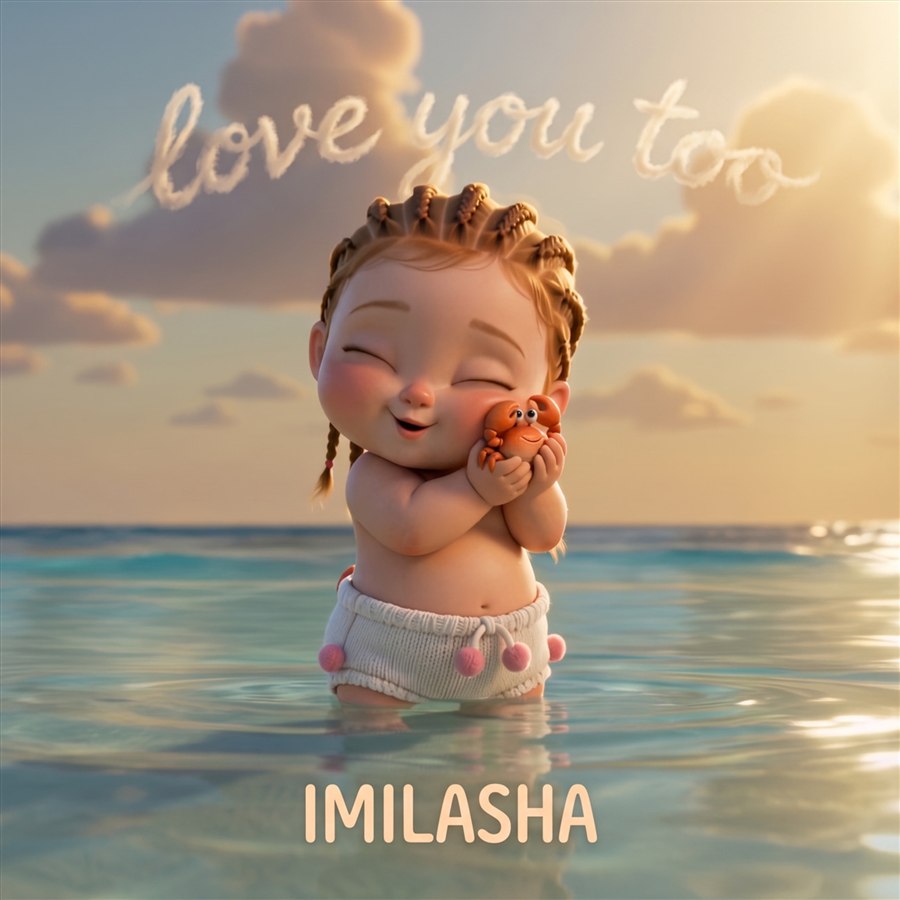 Milasha holding her little crab to her cheek at sunset, with 'love you too' written in the clouds