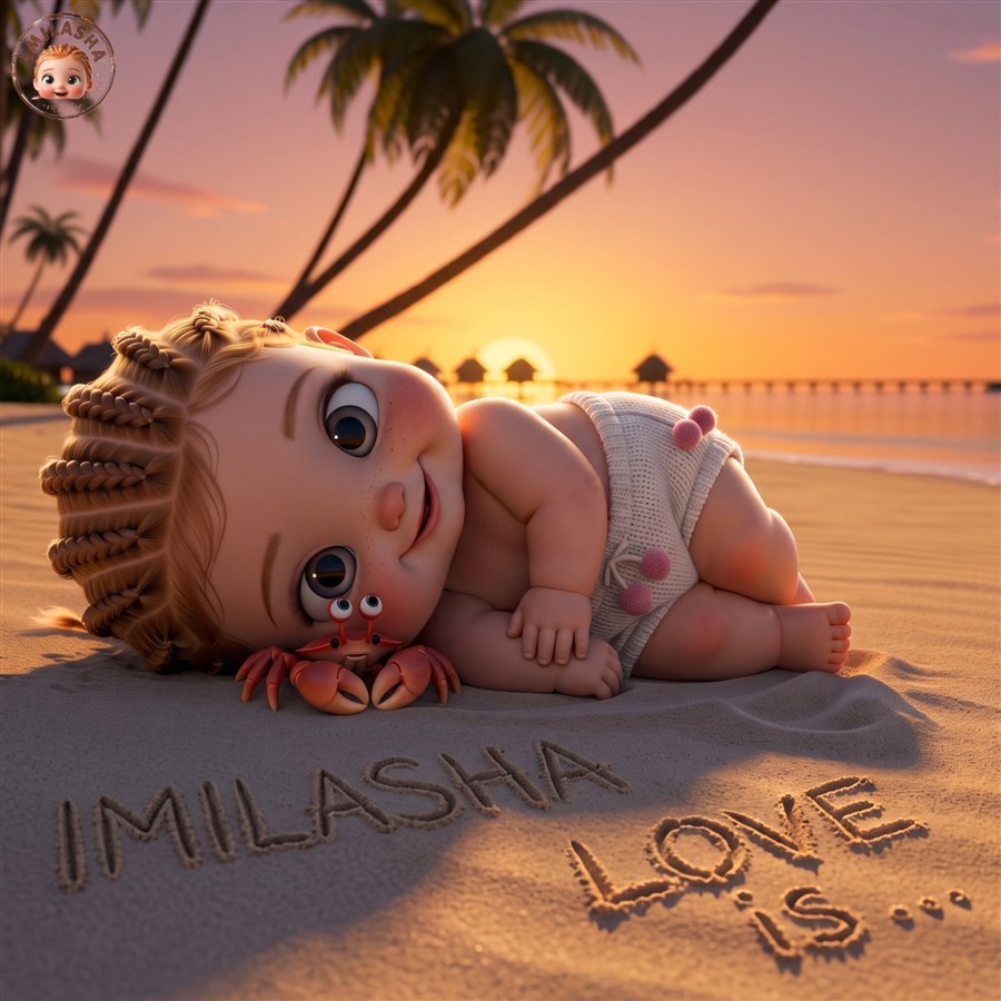 Milasha lying on the sand at sunset with her crab friend, 'IMILASHA — love is…' written in the sand