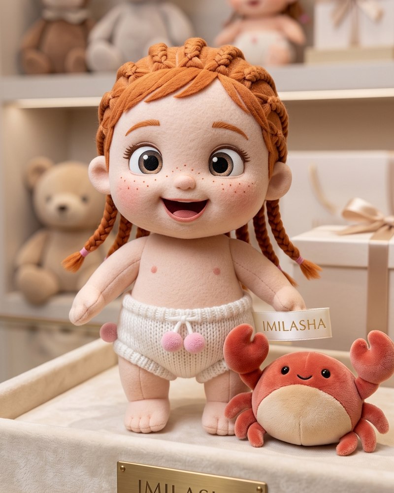 Milasha plush toy with her crab friend